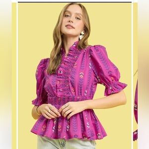 Umgee Women’s Bright Boho Bloom Ruffle Top Puff Sleeve Size Large Maximalist